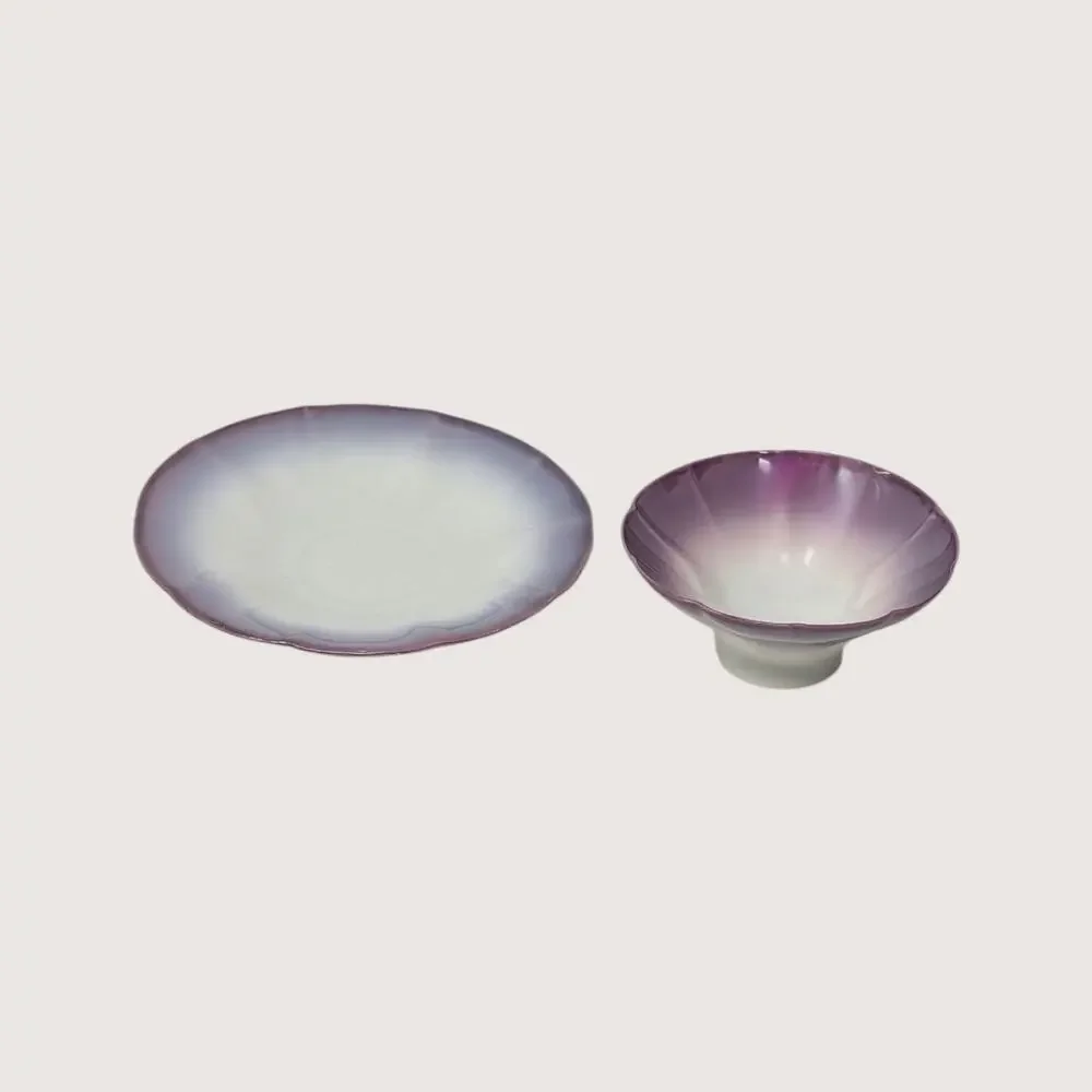 1920s Asian Porcelain Purple Ombre Fluted Condiment Dish Saucer Set